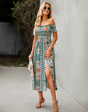 Floral Off Shoulder Puff Sleeve Maxi Dress Vintage Boho Holiday Slash Neck Waist Tight Split Dress