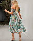 Floral Off Shoulder Puff Sleeve Maxi Dress Vintage Boho Holiday Slash Neck Waist Tight Split Dress