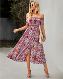 Floral Off Shoulder Puff Sleeve Maxi Dress Vintage Boho Holiday Slash Neck Waist Tight Split Dress