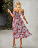 Floral Off Shoulder Puff Sleeve Maxi Dress Vintage Boho Holiday Slash Neck Waist Tight Split Dress