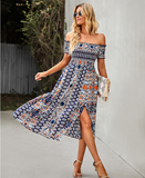 Floral Off Shoulder Puff Sleeve Maxi Dress Vintage Boho Holiday Slash Neck Waist Tight Split Dress