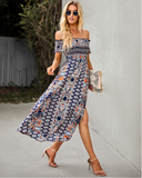 Floral Off Shoulder Puff Sleeve Maxi Dress Vintage Boho Holiday Slash Neck Waist Tight Split Dress