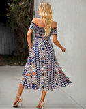Floral Off Shoulder Puff Sleeve Maxi Dress Vintage Boho Holiday Slash Neck Waist Tight Split Dress