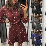 Polka Dot Printed Dress Women O-neck Long Sleeve Mini Dress Waist Tight Dress
