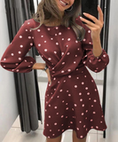 Polka Dot Printed Dress Women O-neck Long Sleeve Mini Dress Waist Tight Dress