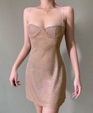 Sexy Bright Silk Diamond Women Mini Dress Low-Neck Backless Night Club Party Dress