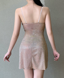 Sexy Bright Silk Diamond Women Mini Dress Low-Neck Backless Night Club Party Dress