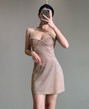 Sexy Bright Silk Diamond Women Mini Dress Low-Neck Backless Night Club Party Dress