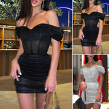 Sexy Low-cut Chest Wrap Shining Dress Sheath Off Shoulder Corset Mini Robe Dress