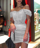 Sexy Low-cut Chest Wrap Shining Dress Sheath Off Shoulder Corset Mini Robe Dress