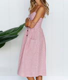 Pink Summer Ladies Casual Beach Dress Midi Button Backless Polka Dot Striped Women Dress