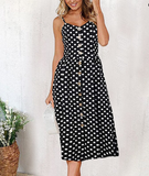 Ladies Casual Beach Dress Midi Button Backless Polka Dot Striped Women Dress