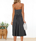 Ladies Casual Beach Dress Midi Button Backless Polka Dot Striped Women Dress
