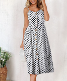 Ladies Casual Beach Dress Midi Button Backless Polka Dot Striped Women Dress