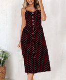 Ladies Casual Beach Dress Midi Button Backless Polka Dot Striped Women Dress