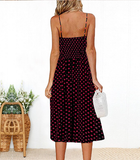Ladies Casual Beach Dress Midi Button Backless Polka Dot Striped Women Dress