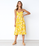 Yellow Button Backless Polka Dot Striped Women Dress Boho Sexy Floral Female Dress