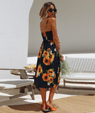 Yellow Button Backless Polka Dot Striped Women Dress Boho Sexy Floral Female Dress