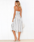 WHite Button Backless Striped Women Dress Boho Sexy Floral Female Dress