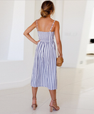 WHite Button Backless Striped Women Dress Boho Sexy Floral Female Dress