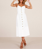 WHite Summer Ladies Casual Beach Dress Midi Button Backless Women Dress