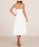 WHite Summer Ladies Casual Beach Dress Midi Button Backless Women Dress