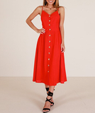 WHite Summer Ladies Casual Beach Dress Midi Button Backless Women Dress