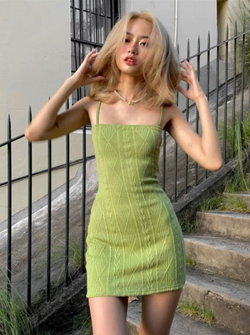 Avocado Green Knitted Bodycon Spaghetti Strap Tight Waist Night Club Dress
