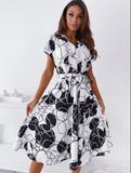 Print Lace-up Shirt Elegant V-neck Button Mid-length Dress Fashion A-line Party Dress