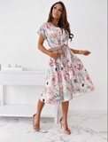 Print Lace-up Shirt Elegant V-neck Button Mid-length Dress Fashion A-line Party Dress