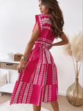 Ladies Casual Lace Up Robe Ruffle Summer New Woman Elegant Print Short Sleeve Belt Dress