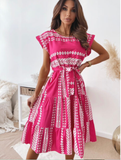 Ladies Casual Lace Up Robe Ruffle Summer New Woman Elegant Print Short Sleeve Belt Dress