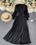 Fashion Modern Design Women's Elegant Round Neck Long Sleeve French Pleated Long Skirt
