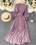 Fashion Modern Design Women's Elegant Round Neck Long Sleeve French Pleated Long Skirt