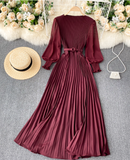 Fashion Modern Design Women's Elegant Round Neck Long Sleeve French Pleated Long Skirt