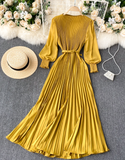 Fashion Modern Design Women's Elegant Round Neck Long Sleeve French Pleated Long Skirt