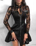 Black Lace Sleeve PU Faux Leather Plus Size Dress Fashion V-Neck Zipper Party Dress