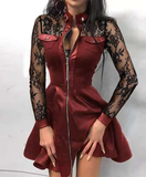 Black Lace Sleeve PU Faux Leather Plus Size Dress Fashion V-Neck Zipper Party Dress