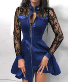 Black Lace Sleeve PU Faux Leather Plus Size Dress Fashion V-Neck Zipper Party Dress