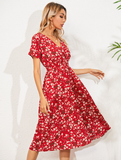 Chiffon Dress Summer Dress Casual V-neck Short-sleeved A-line Beach Long Robe Dress