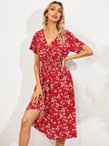 Chiffon Dress Summer Dress Casual V-neck Short-sleeved A-line Beach Long Robe Dress