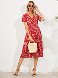 Chiffon Dress Summer Dress Casual V-neck Short-sleeved A-line Beach Long Robe Dress