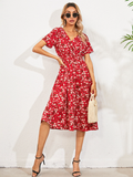 Chiffon Dress Summer Dress Casual V-neck Short-sleeved A-line Beach Long Robe Dress