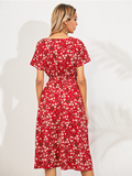 Chiffon Dress Summer Dress Casual V-neck Short-sleeved A-line Beach Long Robe Dress