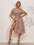 Chiffon Dress Summer Dress Casual V-neck Short-sleeved A-line Beach Long Robe Dress
