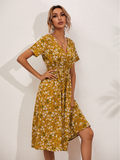 Chiffon Dress Summer Dress Casual V-neck Short-sleeved A-line Beach Long Robe Dress