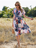 Green Retro Casual V-neck Short-sleeved A-line Beach Long Robe Dress