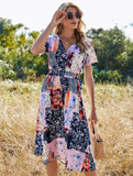 Green Retro Casual V-neck Short-sleeved A-line Beach Long Robe Dress