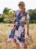 Green Retro Casual V-neck Short-sleeved A-line Beach Long Robe Dress