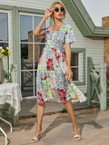 Green Retro Casual V-neck Short-sleeved A-line Beach Long Robe Dress